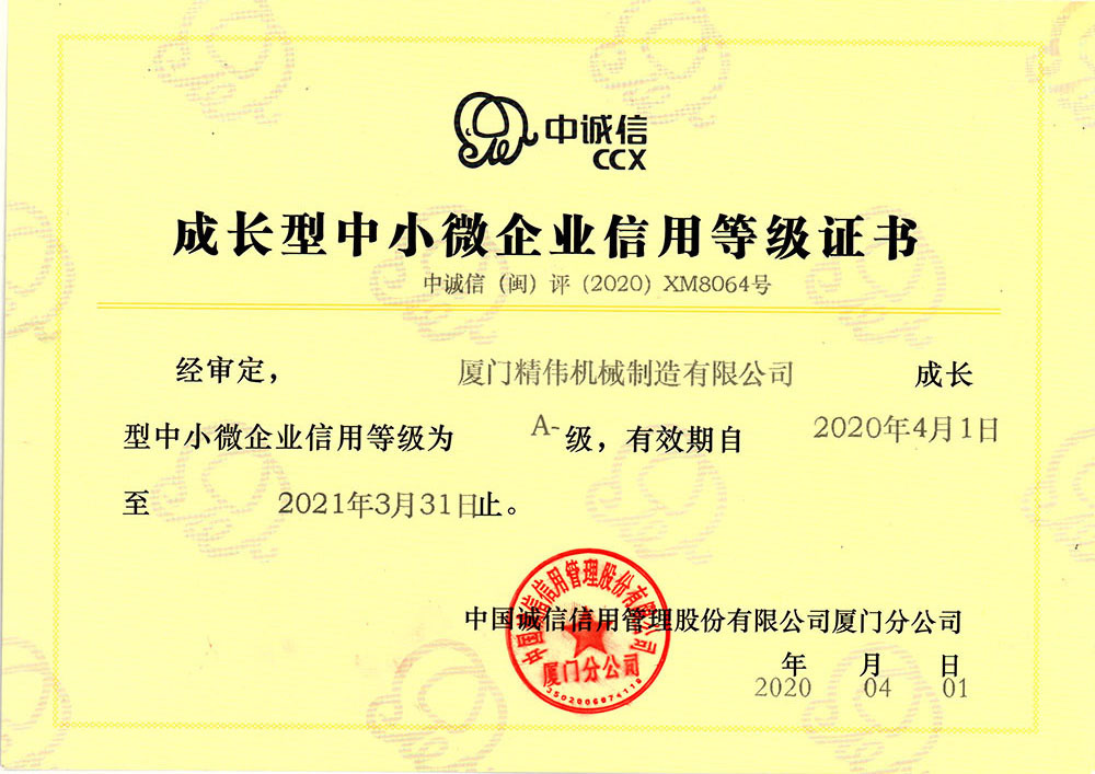 中小企(qi)業信用等級(ji)證書
